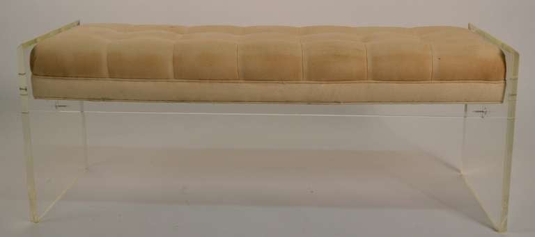 Bevelled edge lucite bench, with tufted  upholstered top ( wear to top ) Well constructed, high quality design and craftsmanship.