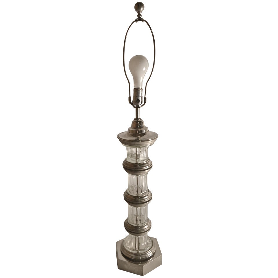 Säulenlampe aus Glas mit Silberdetails im Angebot
