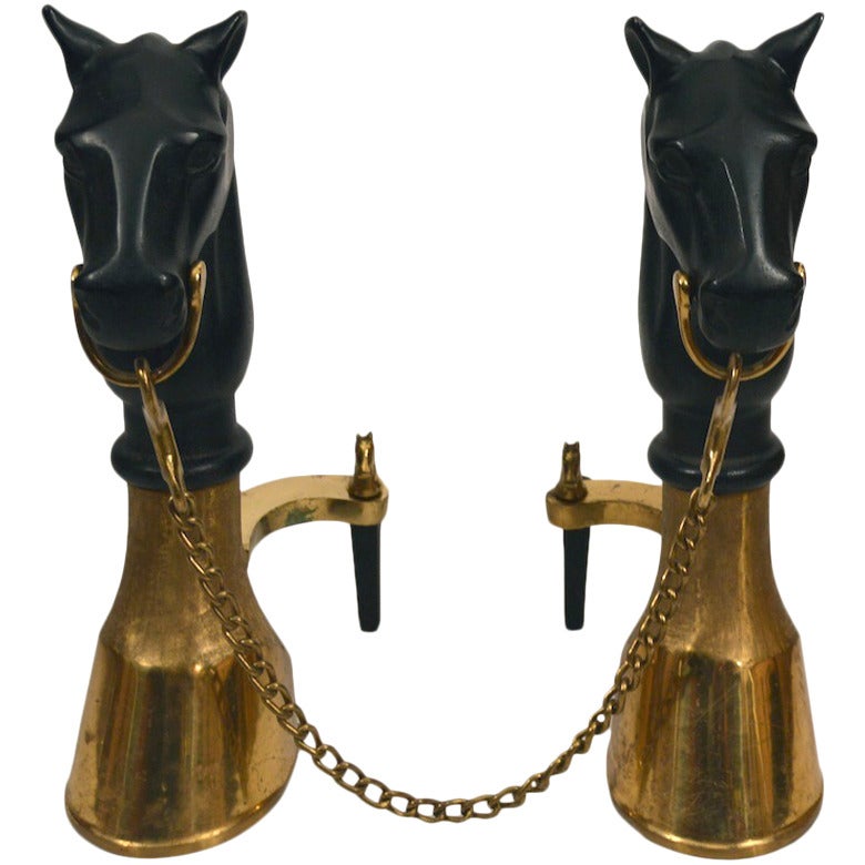 Pair of Brass and Iron Horse Andirons
