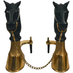 Pair of Brass and Iron Horse Andirons