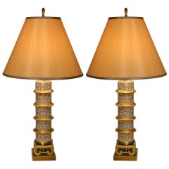 Pair Glazed Gold Trim Hollywood Regency Ceramic Lamps