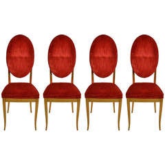 Four Gold Gilt and Red Velvet Glam Dining Chairs