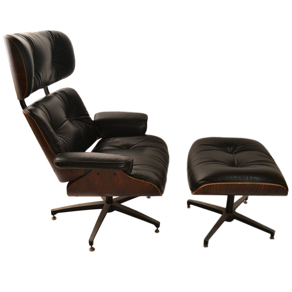 George Mulhauser For Plycraft Leather and Rosewood Lounge Chair and Ottoman