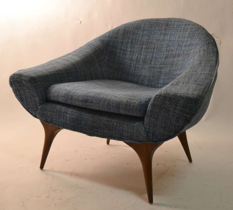 Blue upholstered sculptural lounge chair by Karpen of California, in original condition.