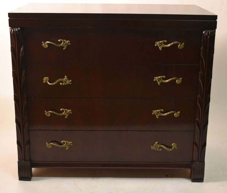 Classic Hollywood Regency style Bachelors Chests, can also be used as oversized Night Stands. Solid construction, carved decorative sides, solid brass foliate handles. Minor wear to ( original ) finish.