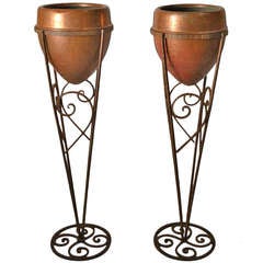 Vintage Two  French Art Deco Wrought Iron and Copper Planters