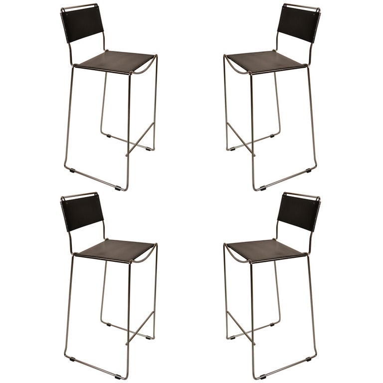 Set of Four Italian Black Leather and Chrome Counter Stools at 1stDibs
