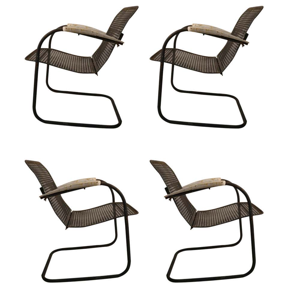 Set of Four Cantilevered Metal Mesh Outdoor Garden Spring Chairs at ...