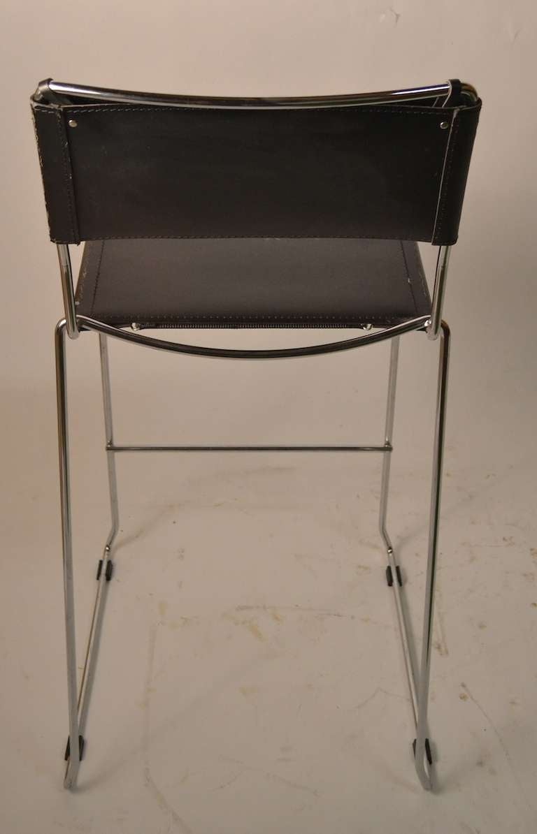Late 20th Century Set of Four Italian Black Leather and Chrome Counter Stools