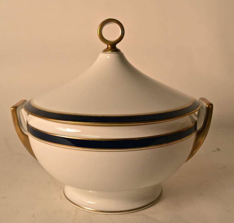 Covered dish with cobalt blue and gold trim, on white ceramic ground. Elegant design and proportions, perfect condition, and fully and correctly marked.
