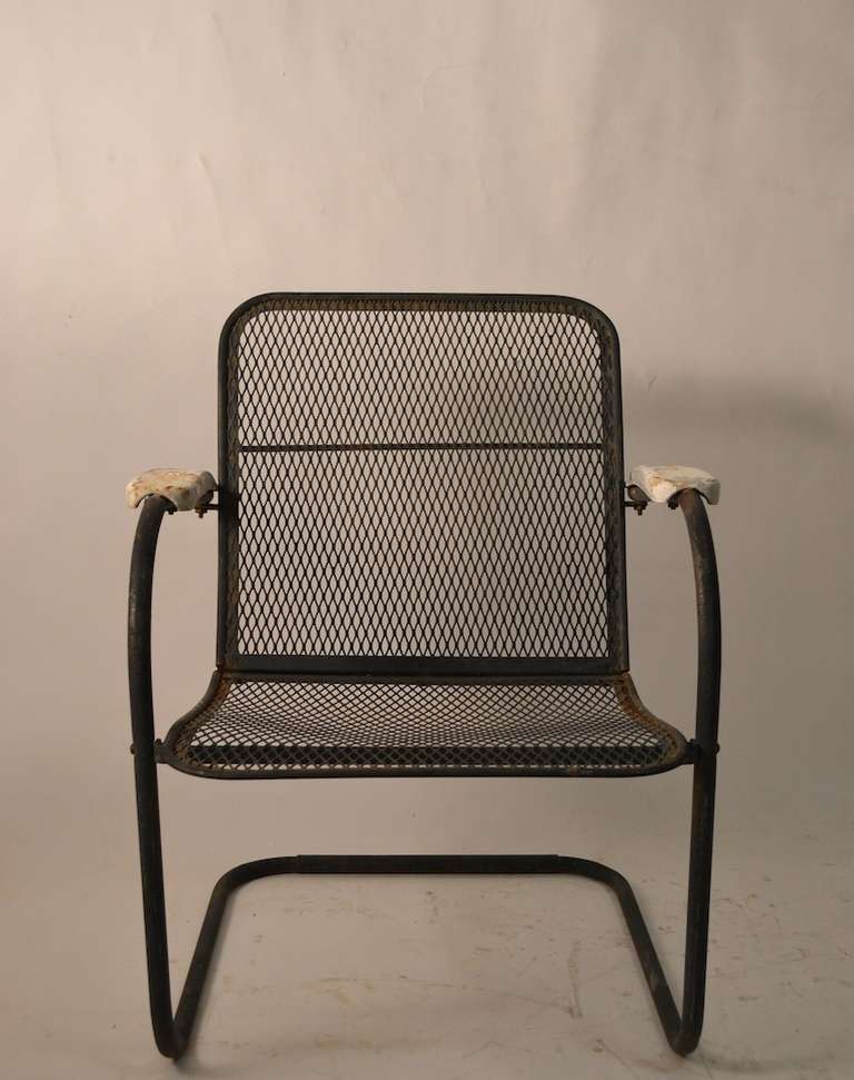 Art Deco Set of Four Cantilevered Metal Mesh Outdoor Garden Spring Chairs
