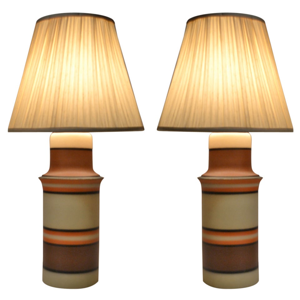 Pair OP ART Style Banded Ceramic Table Lamps