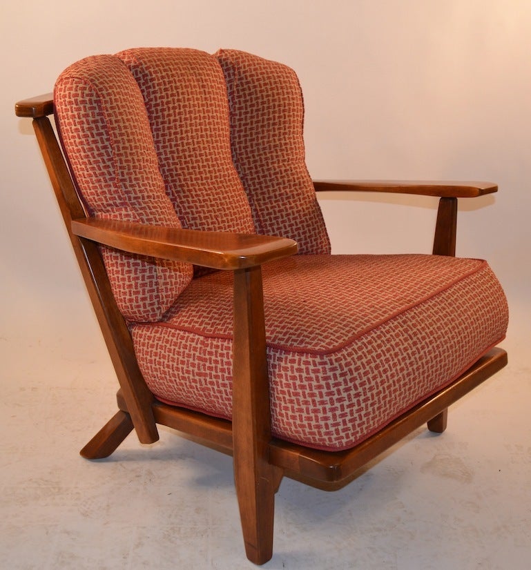 Barrel back maple frame, with loose cushion upholstery ( original ). Made by Cushman of Vermont, designed by Herman DeVries.