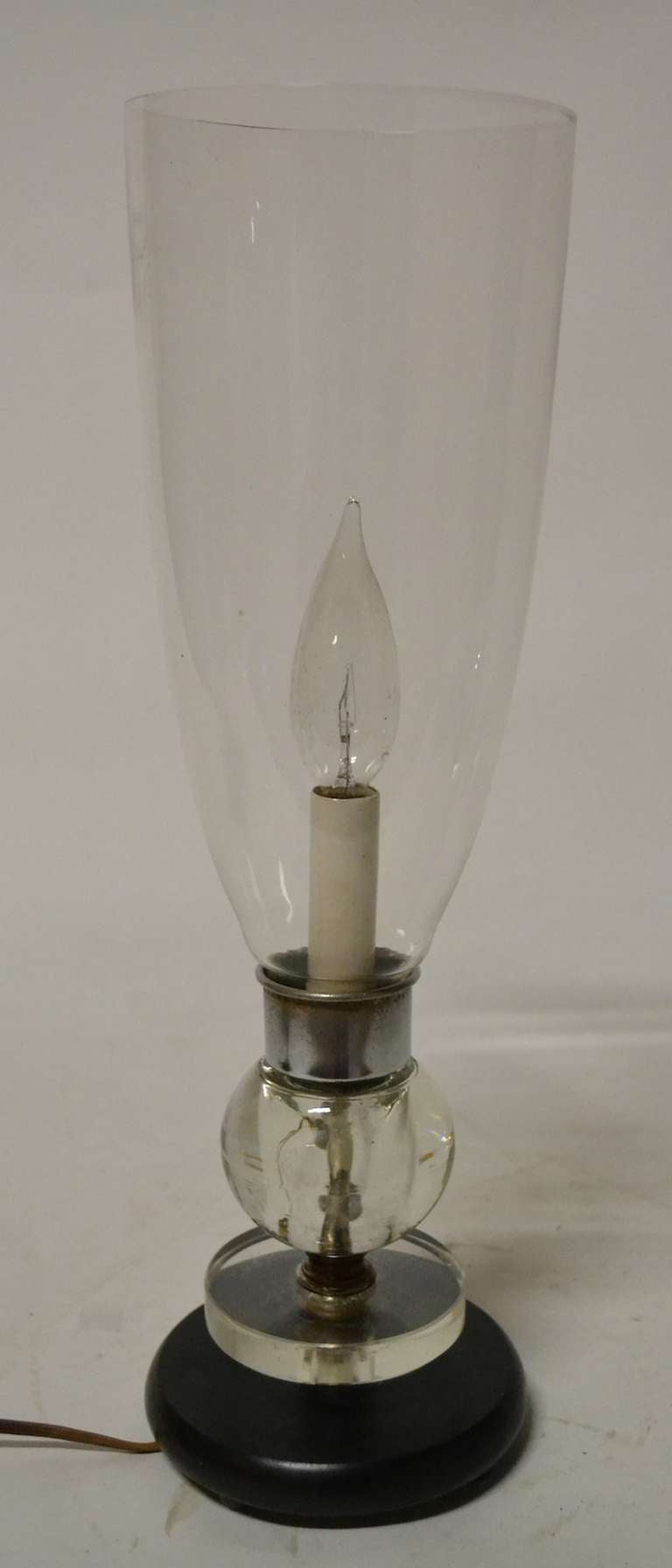 Pair Black and Chrome Art Deco Hurricane Boudoir Lamps