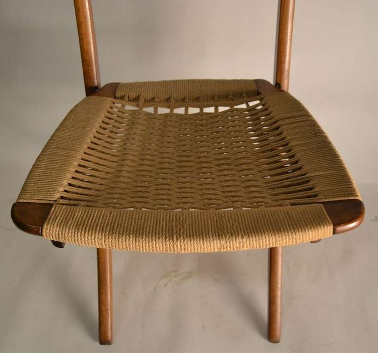 Mid-Century Modern Pair Folding Side Chairs with Jute Weave Seats and Backs