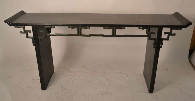Interesting Altar Table, console  form, tesselated stone surface with patinated metal trim. Asia Modern period and form. Retains original 