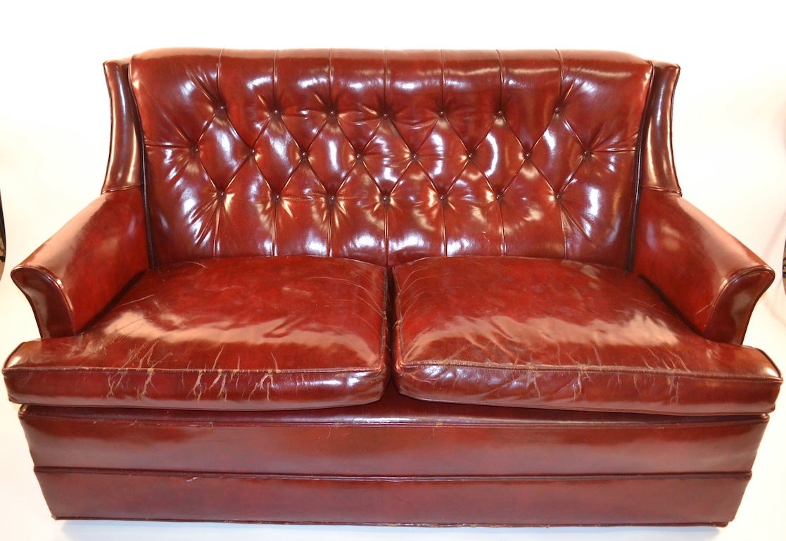 American Vintage Leather Love Seat Sofa with Button Tufted Back