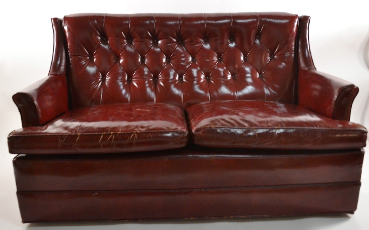 Early 20th Century Vintage Leather Love Seat Sofa with Button Tufted Back