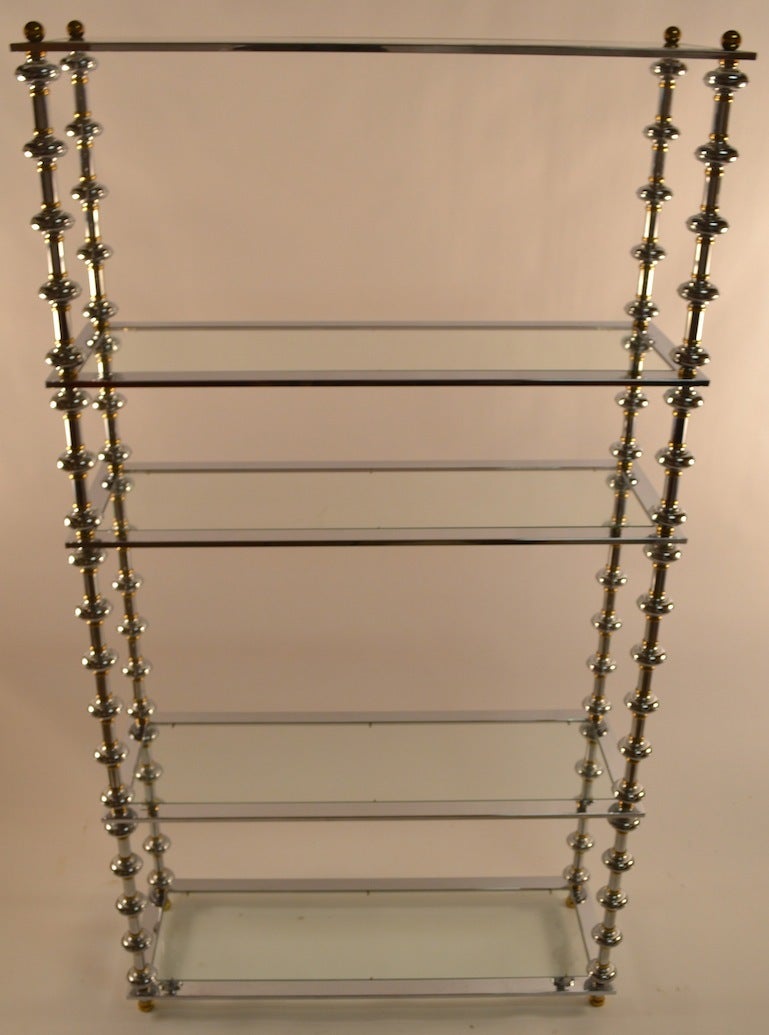 Chrome Brass and Glass Etagere Unusual Turned Spool Form