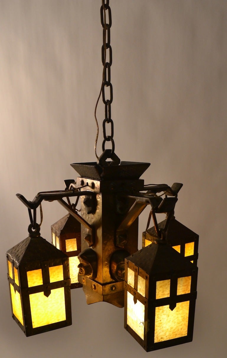 Slag Glass Arts and Crafts Mission Monk Chandelier