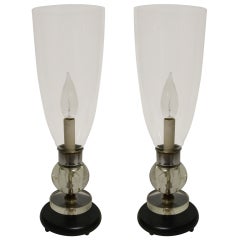 Vintage Pair Black and Chrome Art Deco Hurricane Boudoir Lamps