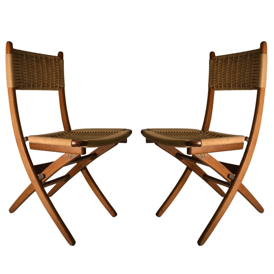 Pair Folding Side Chairs with Jute Weave Seats and Backs