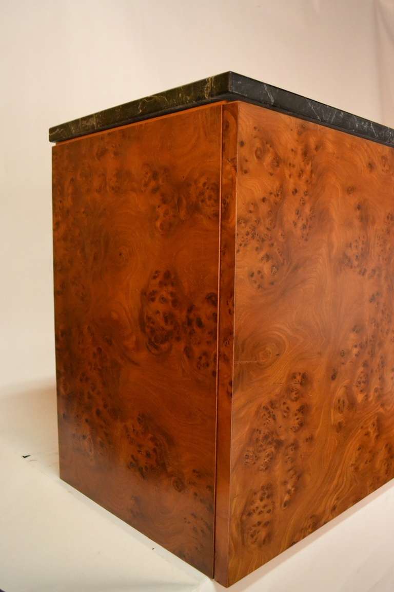 Pair Marble Top Burl Wall Mount Cabinets In Excellent Condition In New York, NY
