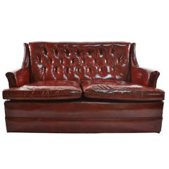 Antique Leather Love Seat Sofa with Button Tufted Back