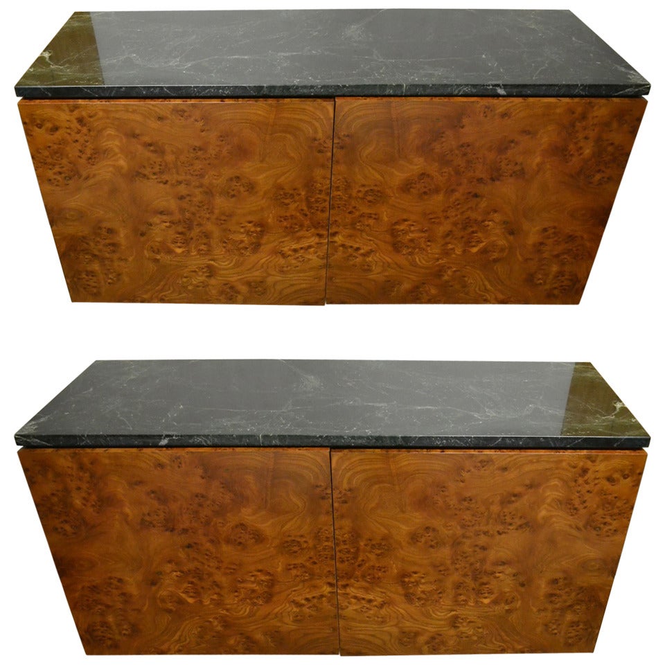Pair Marble Top Burl Wall Mount Cabinets