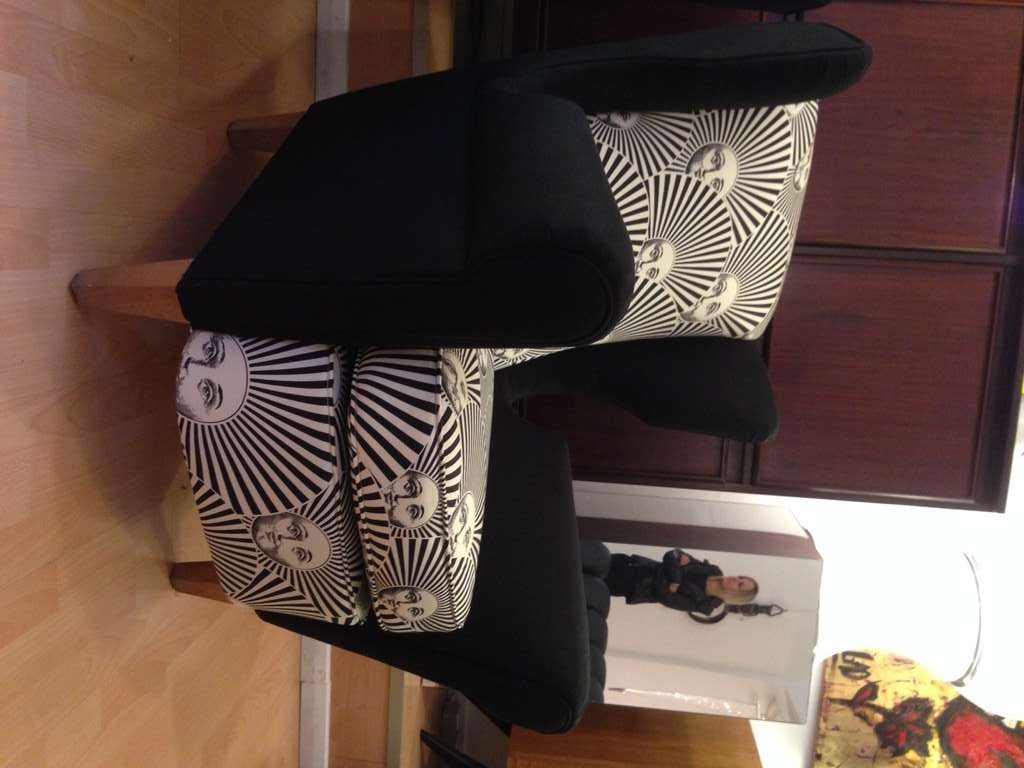 Modern Pair of Italian Lounge Chairs covered with Pietro Fornasetti Fabric