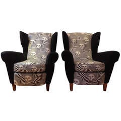 Pair of Italian Lounge Chairs covered with Pietro Fornasetti Fabric