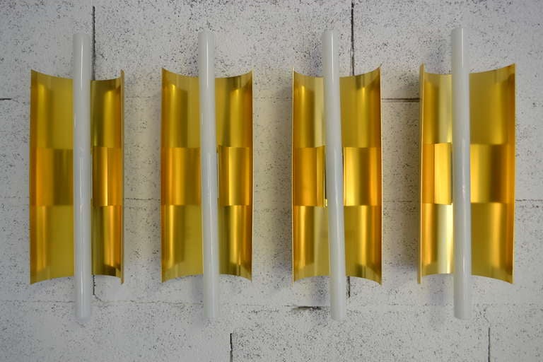 Rare set of 4 wall lights, from the Palazzo Gallini, Voghera, circa 1956
Manufactured by Candle, Italy
Professionally cleaned and rewire to standard EU 
Each: 37 x 15,5 x 10.5 cm 
Some traces of wear on two please see picture 3.

-Also