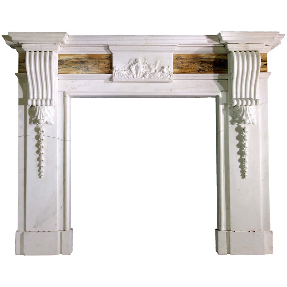 Statuary Marble English Mantel with Bookmatched Siena Frieze Panels