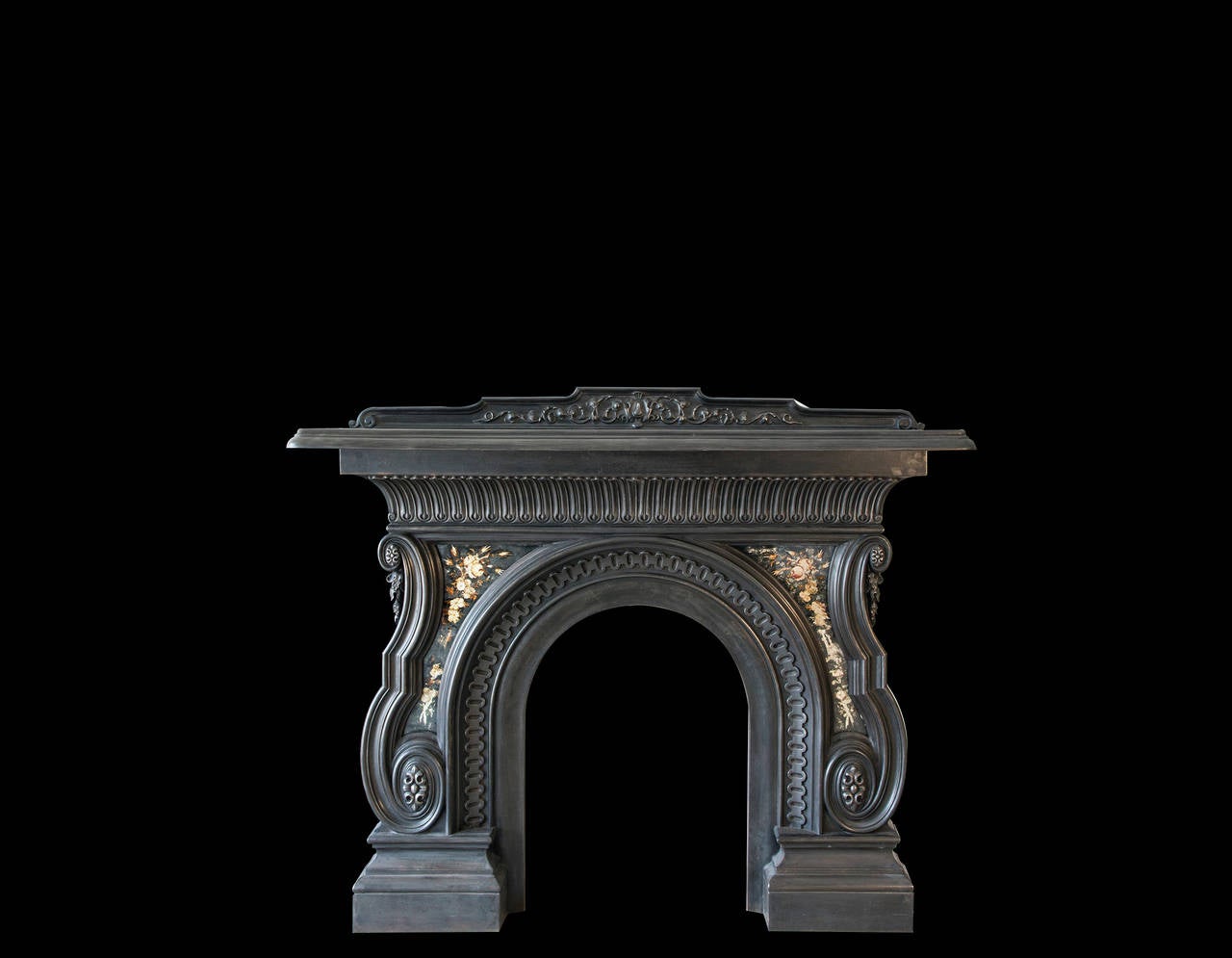 19th century cast iron Victorian mantel and grate with gold foliate detailing.

Opening dimensions: 21" W x 28 1/4" H.