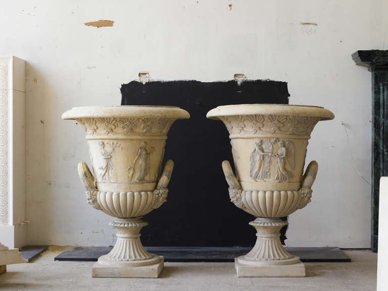 Pair of urns in the style of Thomas Hope. Handcrafted in composite stone with custom Coade stone finish.