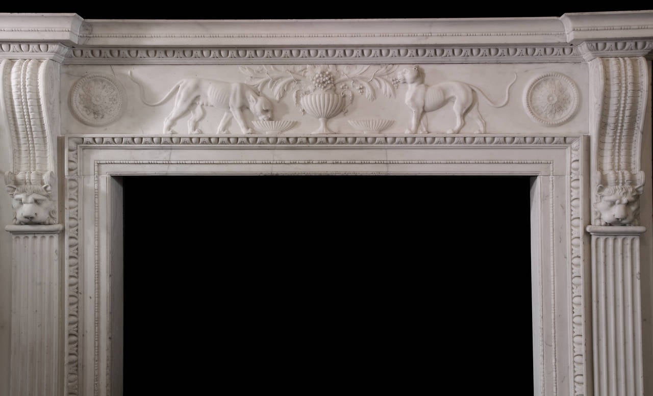 A magnificent marble chimneypiece designed by British neoclassical pioneering architect James “Athenian” Stuart and probably carved by John Devall.

The Bacchanalian frieze has an excellently carved relief of a pair of panthers drinking from