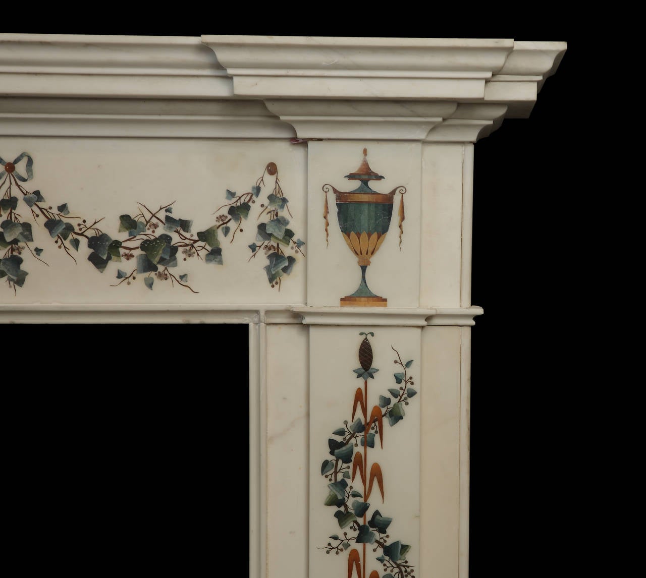 A George III scagliola inlaid Carrara marble chimney piece Irish, late 18th century, attributed to Pietro Bossi.

Opening dimensions: 46 1/4” W x 45 1/8” H.