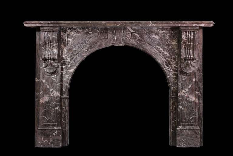 Original Victorian arched marble mantel with incised panels and corbels in St Annes marble. Opening dimensions: 37.5