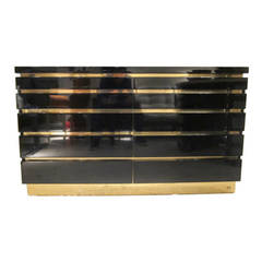 J.C. Mahey Black Lacquer and Brass Chest of Drawers, France 1970