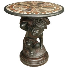 Carved Wood Low Table With Speciman Marble Top