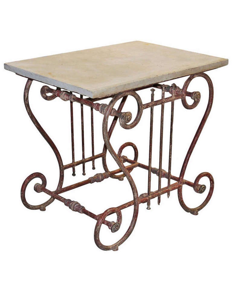 Very unique 19th century French butcher table - pastry table with an elegant,  classically designed lyre base and original marble top.  This lovely table has a particularly beautiful, aged red patina and was found in a small village of