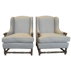 Vintage Pair of French Oak Wingback Bergere Chairs