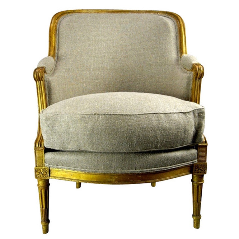 19th Century French Louis XVI Style Barrel Back Bergere Chair in Parcel Gilt