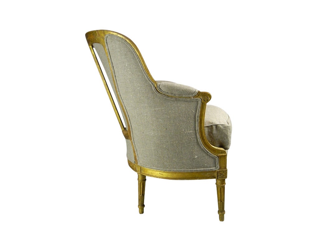 19th Century French Louis XVI Style Barrel Back Bergere Chair in Parcel Gilt In Excellent Condition In Wichita, KS