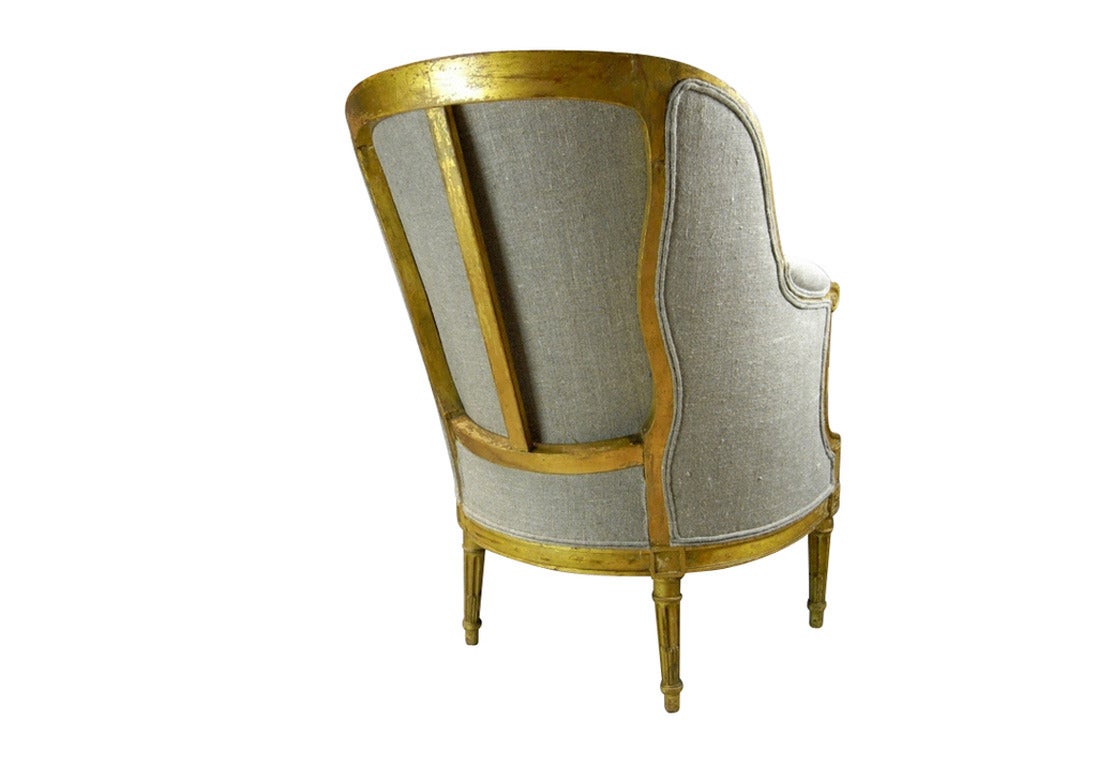 19th Century French Louis XVI Style Barrel Back Bergere Chair in Parcel Gilt 1