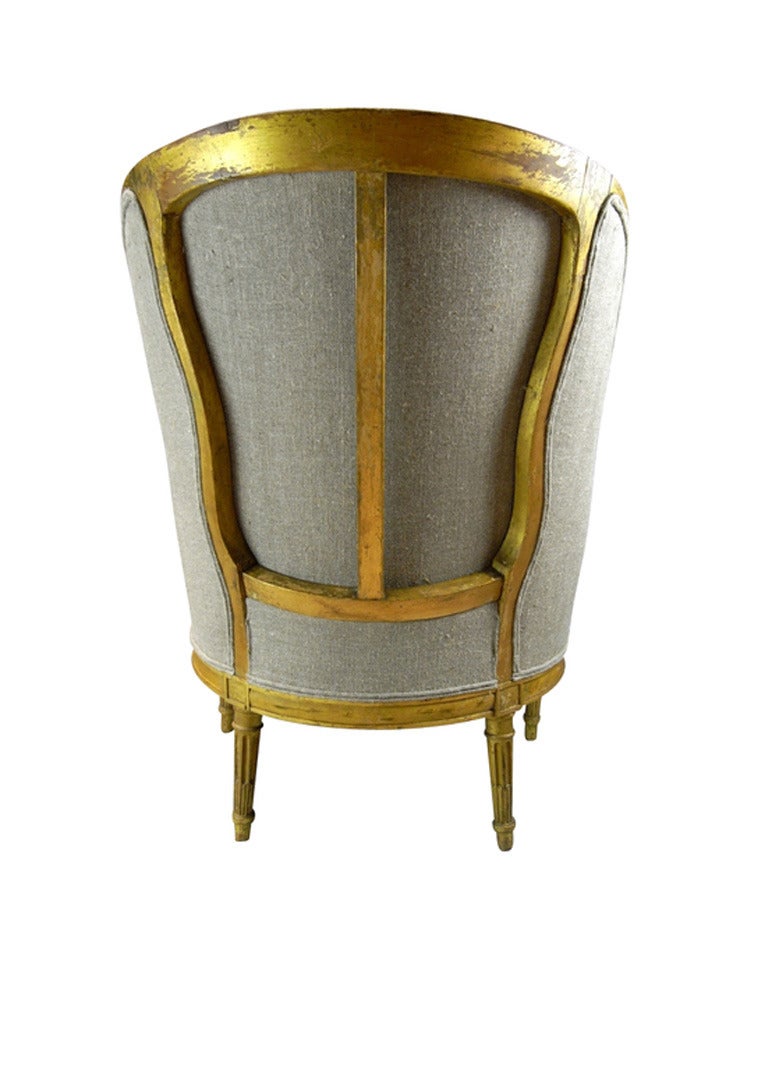 19th Century French Louis XVI Style Barrel Back Bergere Chair in Parcel Gilt 2