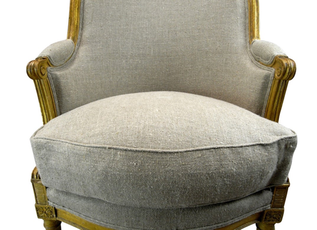 19th Century French Louis XVI Style Barrel Back Bergere Chair in Parcel Gilt 3