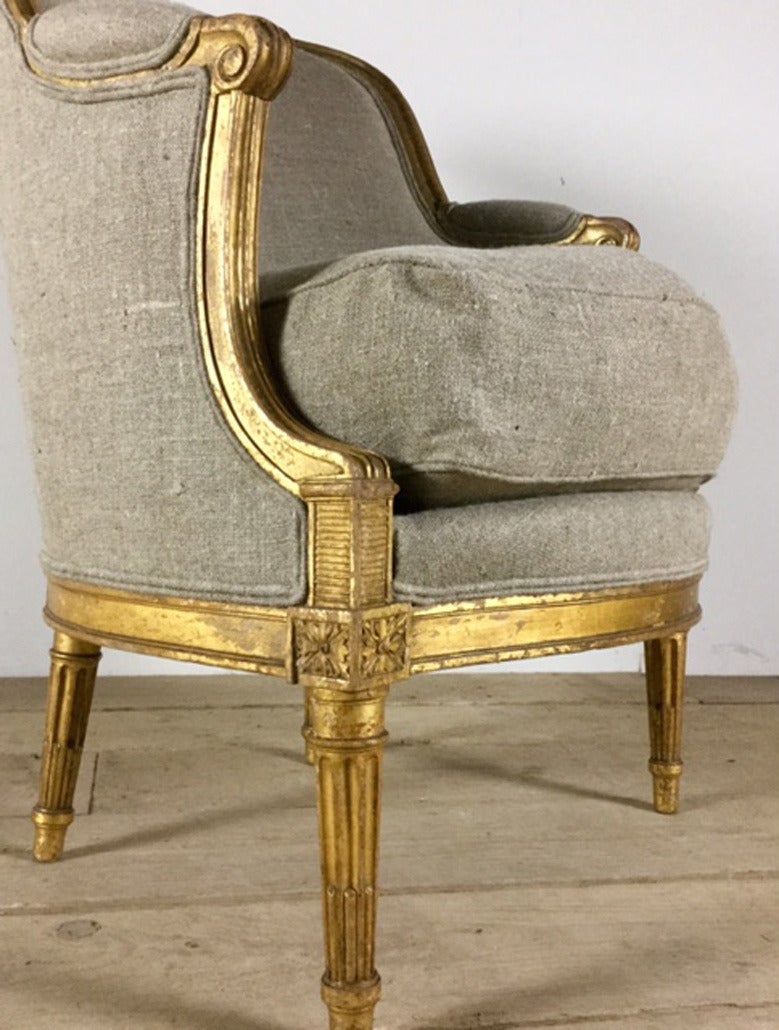 19th Century French Louis XVI Style Barrel Back Bergere Chair in Parcel Gilt 5