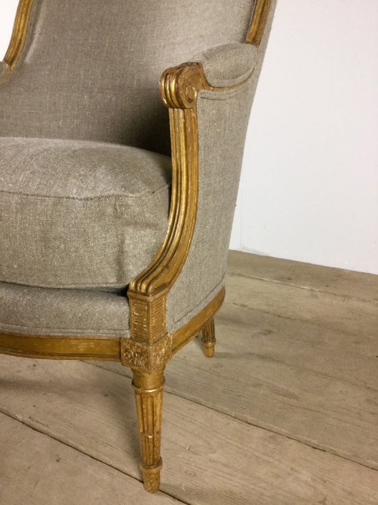 19th Century French Louis XVI Style Barrel Back Bergere Chair in Parcel Gilt 6