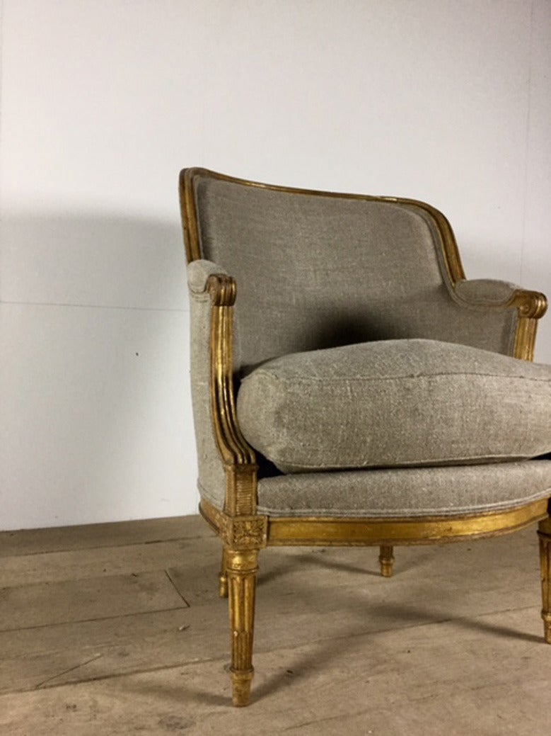 19th Century French Louis XVI Style Barrel Back Bergere Chair in Parcel Gilt 7